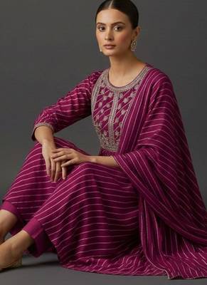 Women Printed Panelled Thread Work Kurta with Trousers & With Dupatta 6
