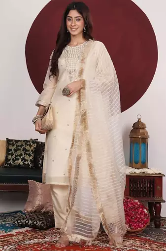 Women Floral Woven Design Thread Work Kurta with Trousers & Dupatta