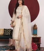 Women Floral Woven Design Thread Work Kurta with Trousers & Dupatta