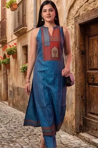 Women Ethnic Motifs Printed Regular Chanderi Silk Kurta with Trousers