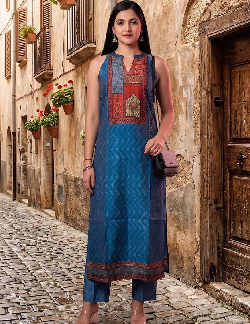 Women Ethnic Motifs Printed Regular Chanderi Silk Kurta with Trousers