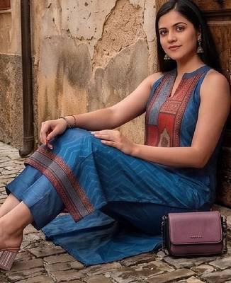 Women Ethnic Motifs Printed Regular Chanderi Silk Kurta with Trousers 6