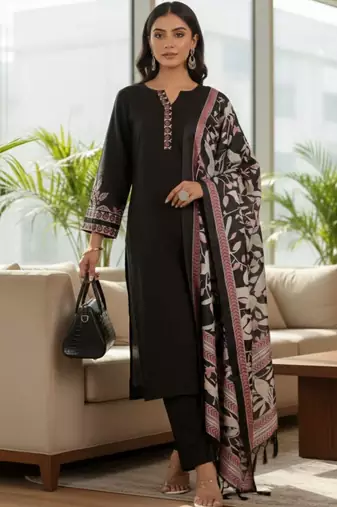 Women Embroidered Regular Thread Work Kurta with Trousers & With Dupatta