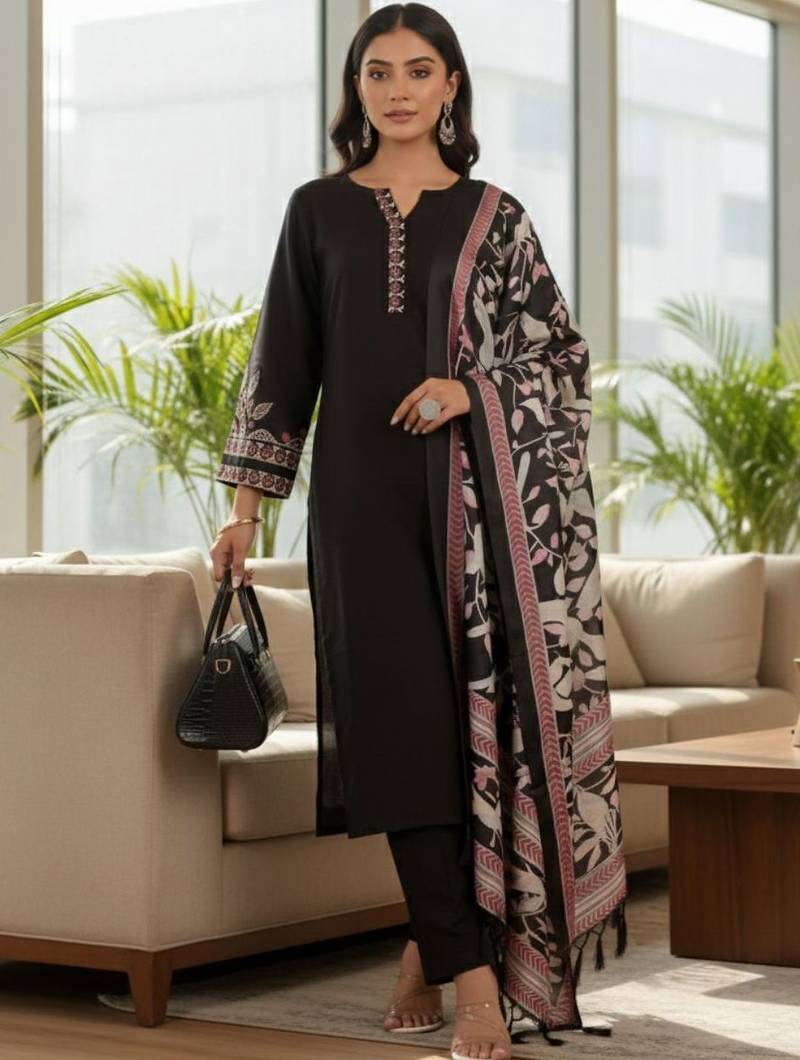 Women Embroidered Regular Thread Work Kurta with Trousers & With Dupatta