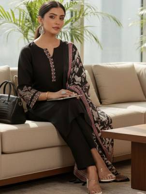 Women Embroidered Regular Thread Work Kurta with Trousers & With Dupatta 5