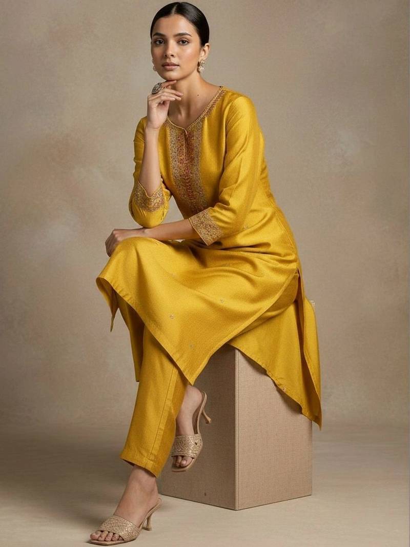 Women Regular Thread Work Kurta with Trousers & With Dupatta