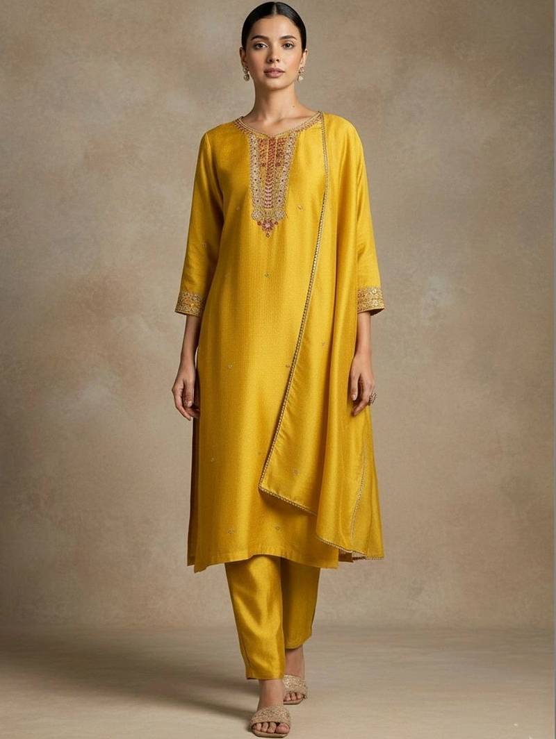 Women Regular Thread Work Kurta with Trousers & With Dupatta
