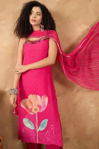 Women Spaghetti Strap Floral Kurta with Trousers & Dupatta