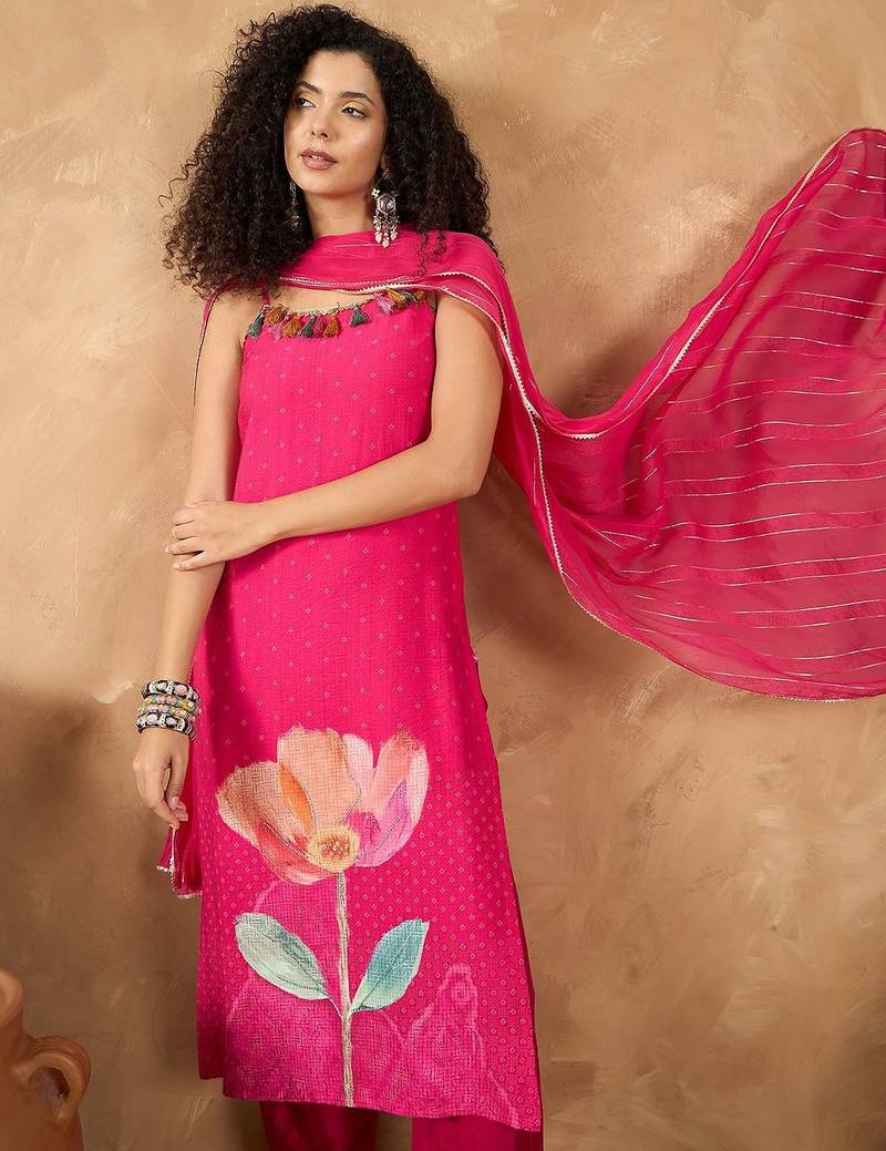 Women Spaghetti Strap Floral Kurta with Trousers & Dupatta