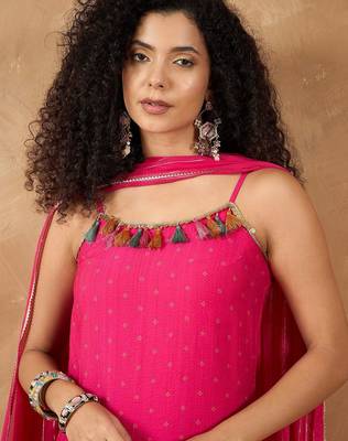 Women Spaghetti Strap Floral Kurta with Trousers & Dupatta 3