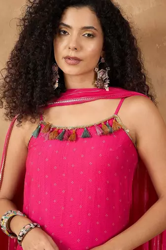 Women Spaghetti Strap Floral Kurta with Trousers & Dupatta