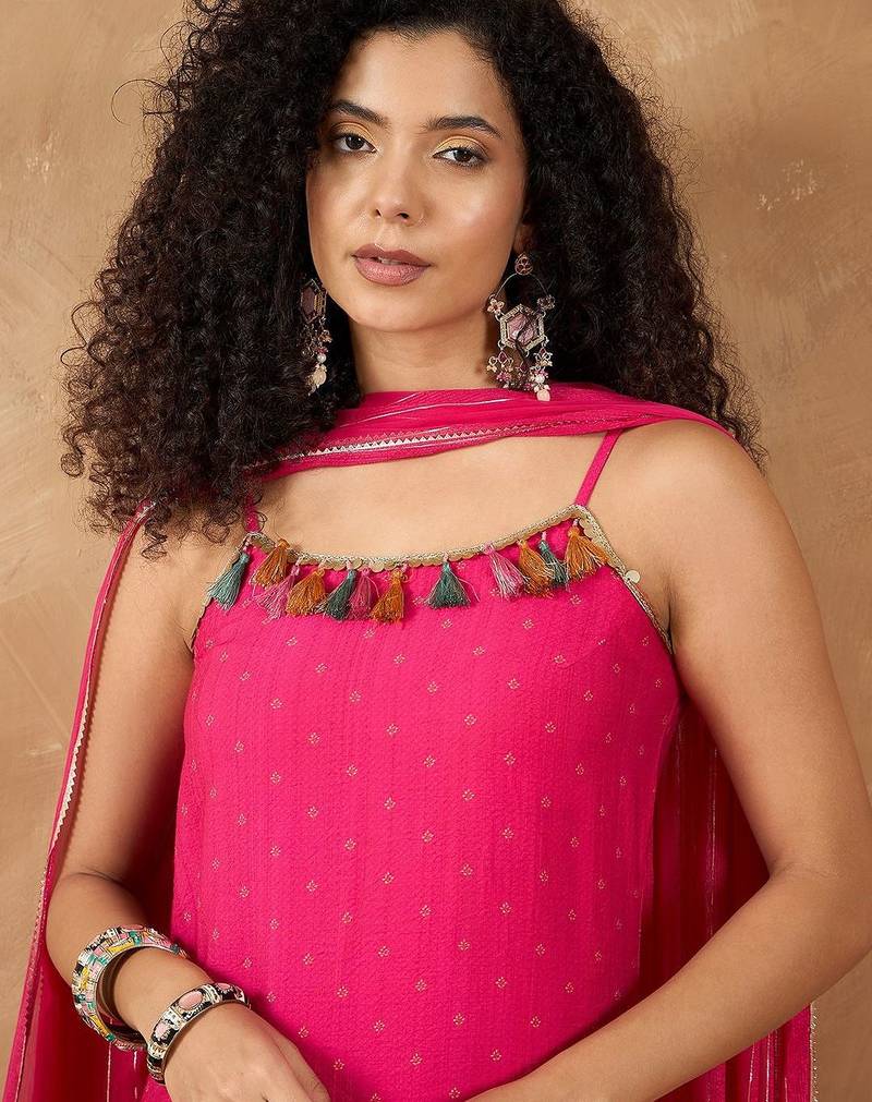 Women Spaghetti Strap Floral Kurta with Trousers & Dupatta