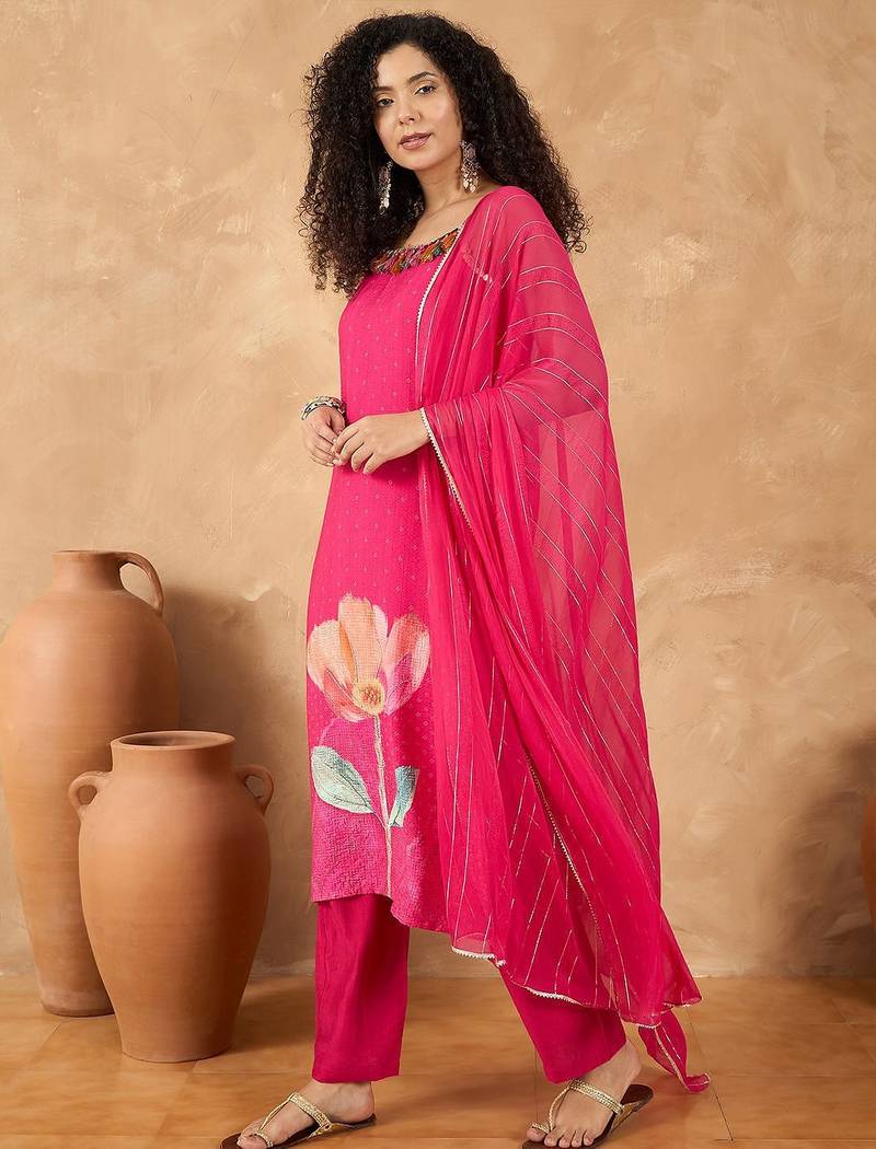 Women Spaghetti Strap Floral Kurta with Trousers & Dupatta