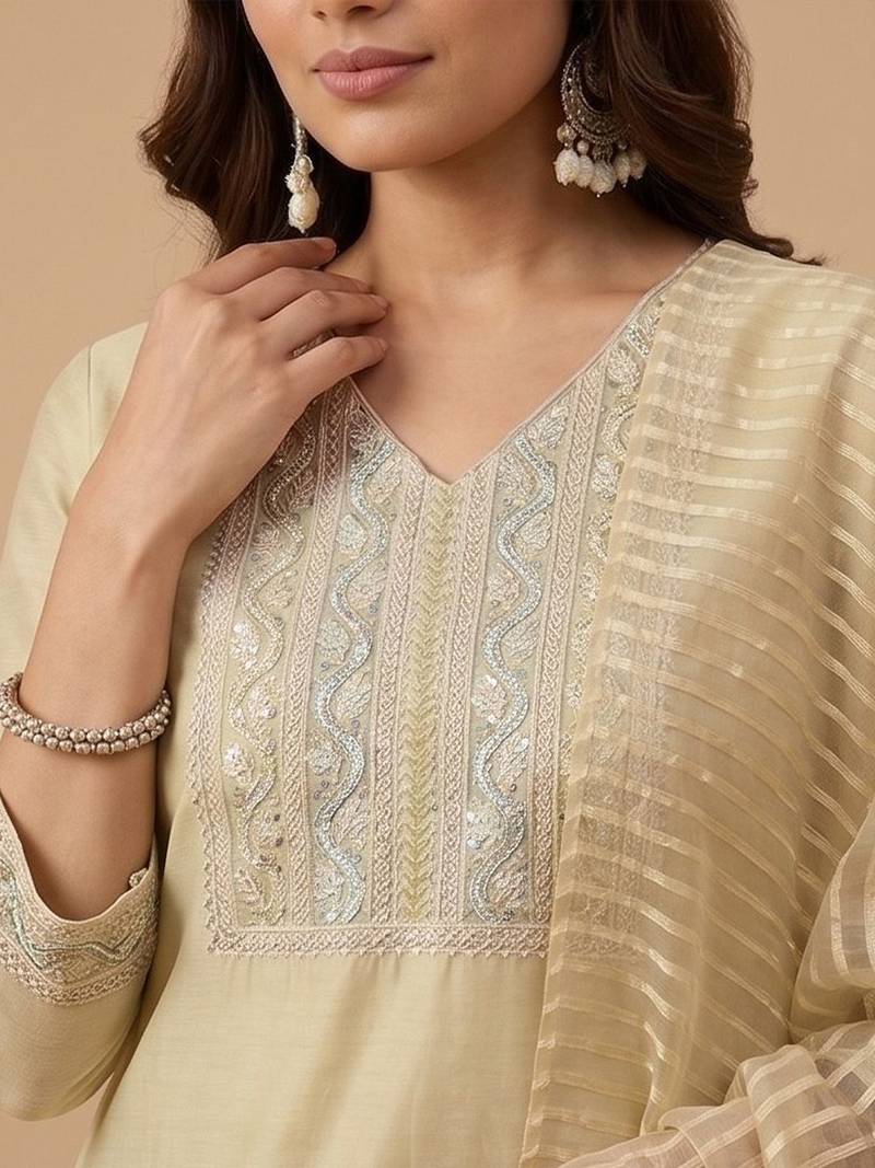 Women Ethnic Motifs Embroidered Regular Sequinned Kurta with Palazzos & With Dupatta