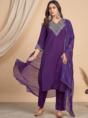 Women Ethnic Motifs Embroidered Regular Thread Work Kurta with Trousers & With Dupatta 1