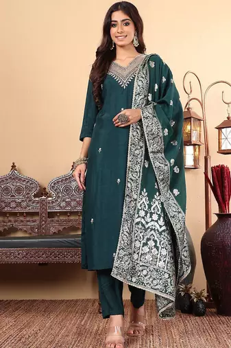 Ethnic Motifs Regular Thread Work Pure Silk Straight Kurta with Trousers & Dupatta