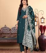 Ethnic Motifs Regular Thread Work  Silk Straight Kurta with Trousers & Dupatta