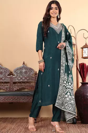 Ethnic Motifs Regular Thread Work Pure Silk Straight Kurta with Trousers & Dupatta