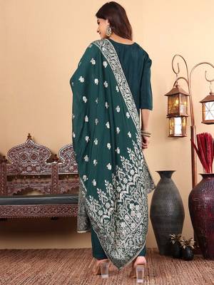 Ethnic Motifs Regular Thread Work  Silk Straight Kurta with Trousers & Dupatta 6