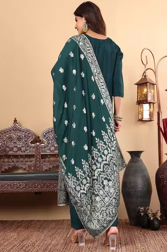 Ethnic Motifs Regular Thread Work Pure Silk Straight Kurta with Trousers & Dupatta