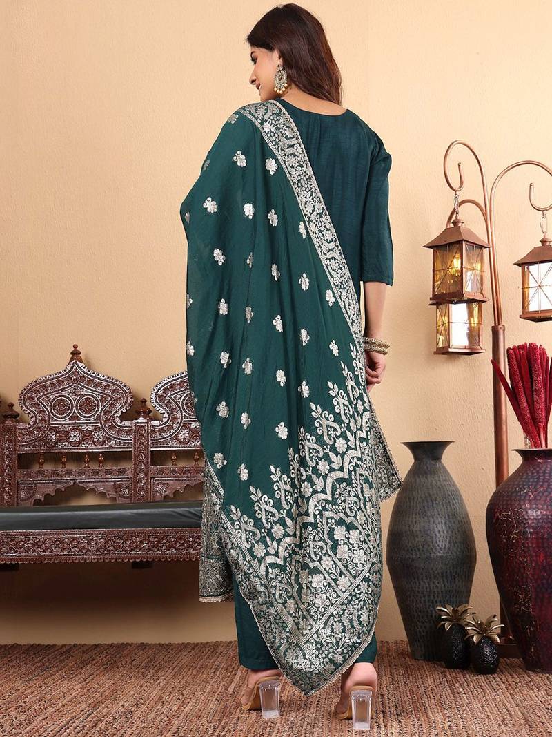 Ethnic Motifs Regular Thread Work  Silk Straight Kurta with Trousers & Dupatta