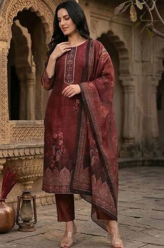 Floral Printed Sequinned Chanderi Silk Kurta With Trousers & Dupatta