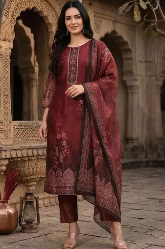 Floral Printed Sequinned Chanderi Silk Kurta With Trousers & Dupatta