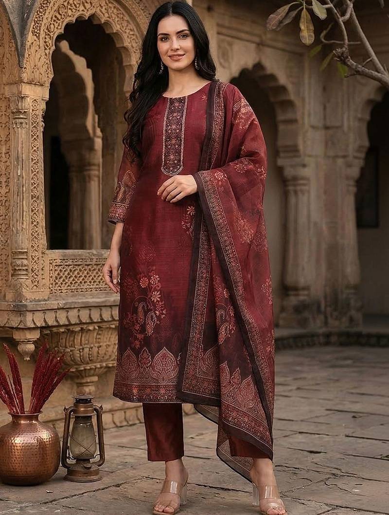 Floral Printed Sequinned Chanderi Silk Kurta With Trousers & Dupatta