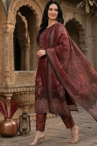 Floral Printed Sequinned Chanderi Silk Kurta With Trousers & Dupatta