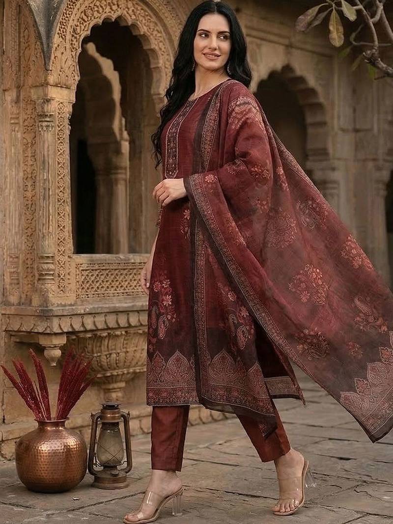 Floral Printed Sequinned Chanderi Silk Kurta With Trousers & Dupatta