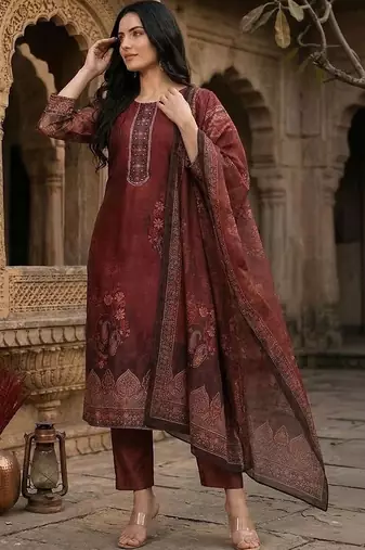 Floral Printed Sequinned Chanderi Silk Kurta With Trousers & Dupatta