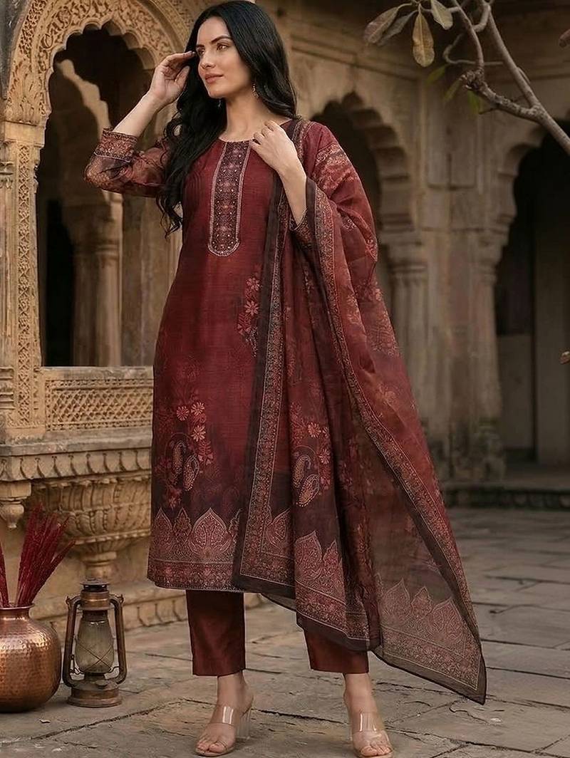Floral Printed Sequinned Chanderi Silk Kurta With Trousers & Dupatta