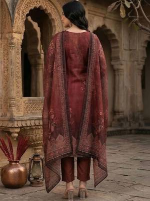 Floral Printed Sequinned Chanderi Silk Kurta With Trousers & Dupatta 6