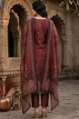 Floral Printed Sequinned Chanderi Silk Kurta With Trousers & Dupatta
