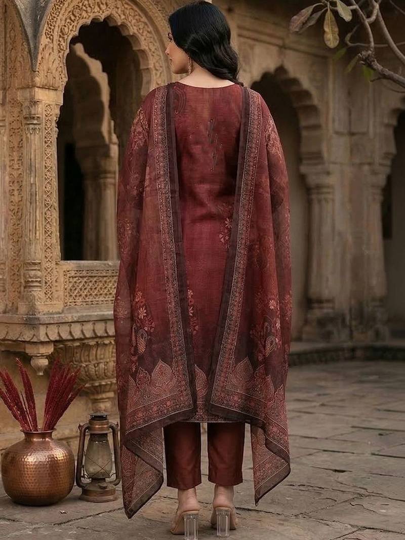 Floral Printed Sequinned Chanderi Silk Kurta With Trousers & Dupatta