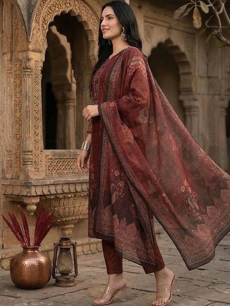 Floral Printed Sequinned Chanderi Silk Kurta With Trousers & Dupatta