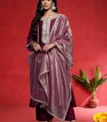 Geometric Yoke Design Notch Neck Sequinned Straight Kurta With Trouser And Dupatta