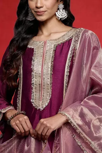 Geometric Yoke Design Notch Neck Sequinned Straight Kurta With Trouser And Dupatta