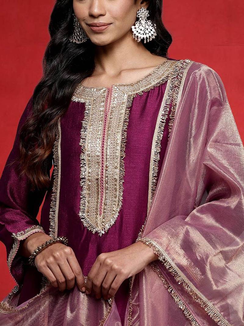 Geometric Yoke Design Notch Neck Sequinned Straight Kurta With Trouser And Dupatta