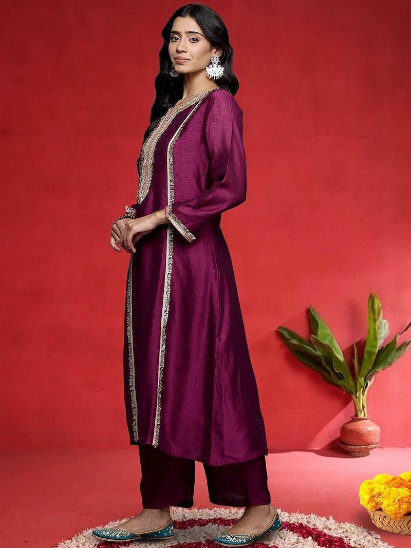 Geometric Yoke Design Notch Neck Sequinned Straight Kurta With Trouser And Dupatta