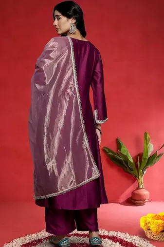 Geometric Yoke Design Notch Neck Sequinned Straight Kurta With Trouser And Dupatta