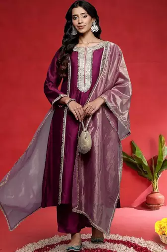 Geometric Yoke Design Notch Neck Sequinned Straight Kurta With Trouser And Dupatta