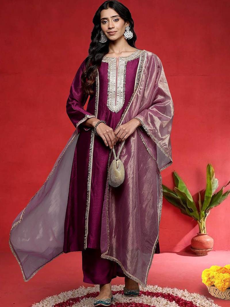 Geometric Yoke Design Notch Neck Sequinned Straight Kurta With Trouser And Dupatta