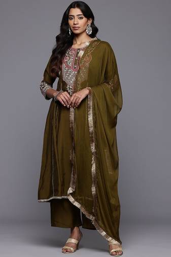 Floral Embroidered Zari Panelled Kurta With Palazzos & Dupatta
