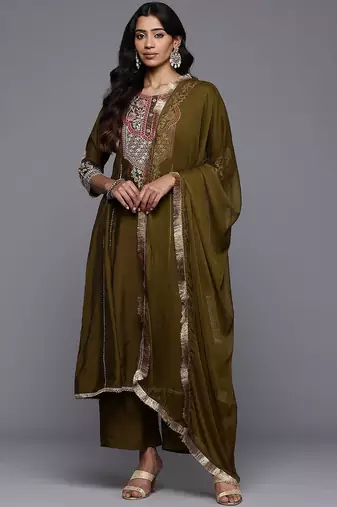 Floral Embroidered Zari Panelled Kurta With Palazzos & Dupatta