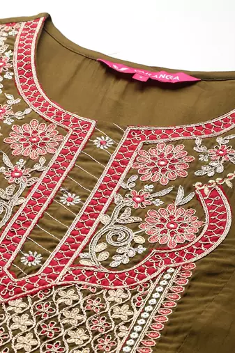 Floral Embroidered Zari Panelled Kurta With Palazzos & Dupatta