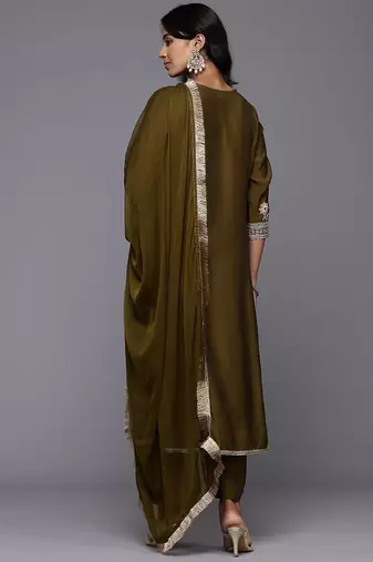 Floral Embroidered Zari Panelled Kurta With Palazzos & Dupatta