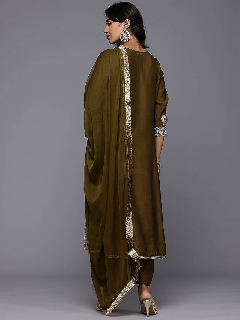 Floral Embroidered Zari Panelled Kurta With Palazzos & Dupatta