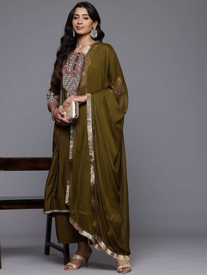 Floral Embroidered Zari Panelled Kurta With Palazzos & Dupatta