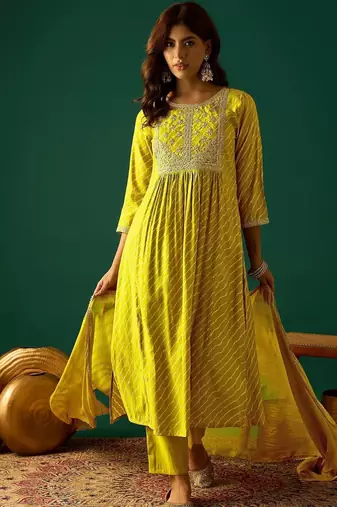 Women Leheriya Printed Empire Thread Work Kurta with Trousers & Dupatta